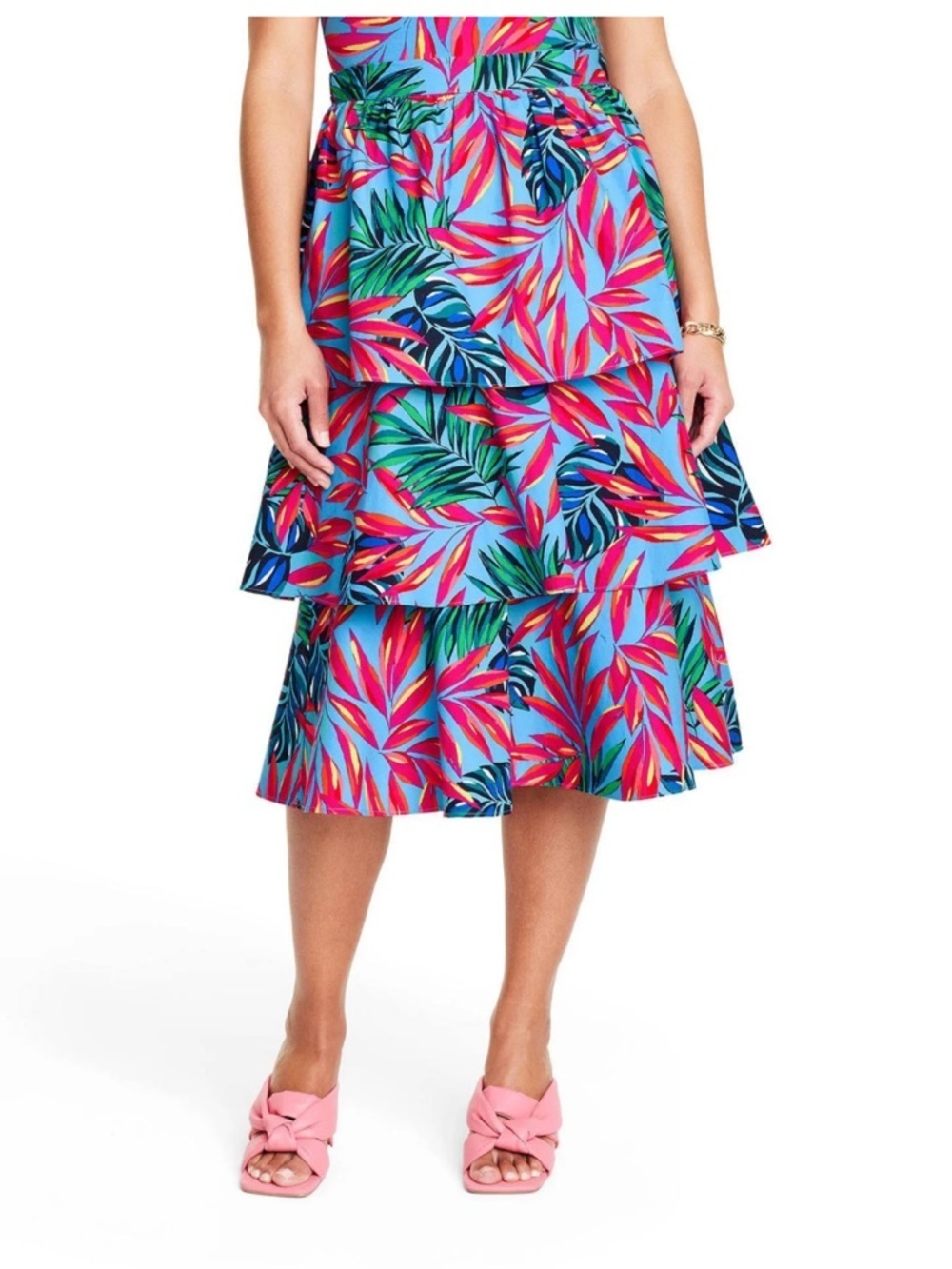 Tropical Tiered A-Line Midi Skirt in Pink & Blue